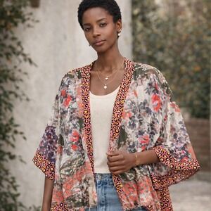 Anthropologie Aratta Silent Journey Kimono Top L/XL Floral Leopard Oversized